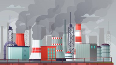 Çevresel kirlilik vektör çizimi. Hava kirliliği, kirletici sis gazı ve endüstriyel duman. Bacalardan duman yayan fabrikalar