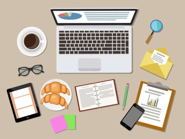 Dijital tabletle kahve molası, akıllı telefon, dizüstü bilgisayar, kağıtlar ve çeşitli ofis eşyalarıyla iş görüşmesi kavramı. Vektör illüstrasyonu.