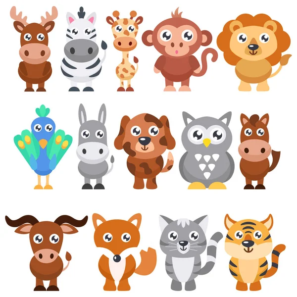 Collection Cute Cartoon Animals Vector Flat Illustration — Stock Vector