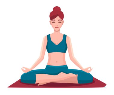 Lotus pozisyonunda oturmuş meditasyon yapan bir kadın. Yoga kız vektör illüstrasyonu.