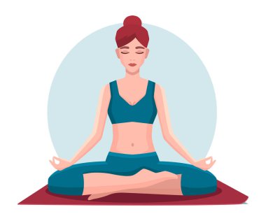 Lotus pozisyonunda oturmuş meditasyon yapan bir kadın. Yoga kız vektör illüstrasyonu.