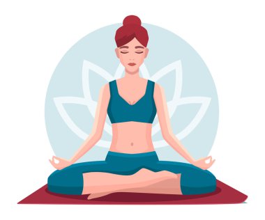 Lotus pozisyonunda oturmuş meditasyon yapan bir kadın. Yoga kız vektör illüstrasyonu.