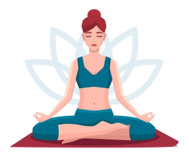 Lotus pozisyonunda oturmuş meditasyon yapan bir kadın. Yoga kız vektör illüstrasyonu.