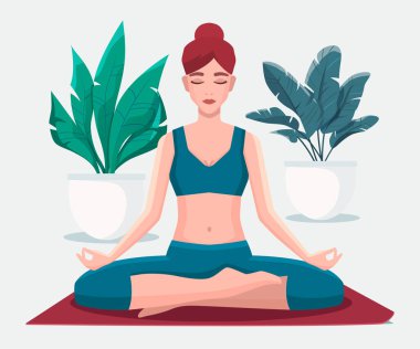 Lotus pozisyonunda oturmuş meditasyon yapan bir kadın. Yoga kız vektör illüstrasyonu.