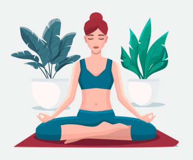 Lotus pozisyonunda oturmuş meditasyon yapan bir kadın. Yoga kız vektör illüstrasyonu.