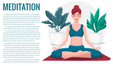 Lotus pozisyonunda oturmuş meditasyon yapan bir kadın. Yoga kız vektör illüstrasyonu.