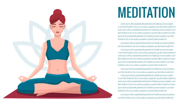 Mujer Sentada Posición Loto Practicando Meditación Yoga Chica Vector Ilustración — Vector de stock