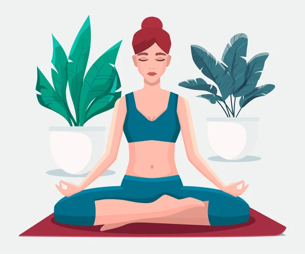 Mujer Sentada Posición Loto Practicando Meditación Yoga Chica Vector Ilustración — Archivo Imágenes Vectoriales