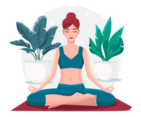 Mujer Sentada Posición Loto Practicando Meditación Yoga Chica Vector Ilustración — Vector de stock