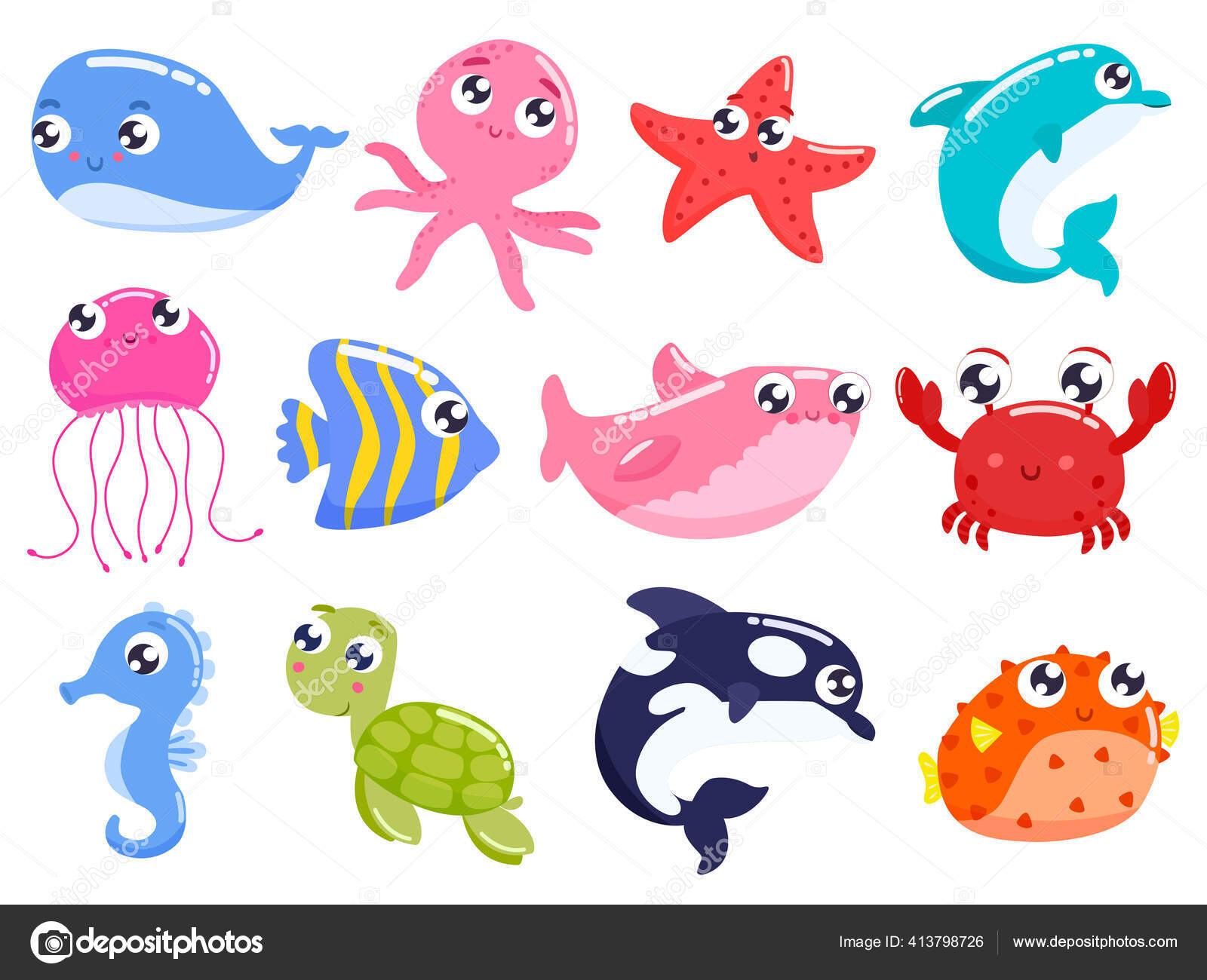 Set Cartoon Colorful Cute Sea Animals Vector Illustration Stock Vector