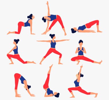 Çeşitli yoga pozları. Kadın yoga vektör illüstrasyonu. Sağlıklı yaşam tarzı.
