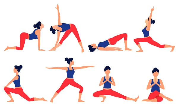 Varie Pose Yoga Impostato Illustrazione Vettoriale Femminile Yoga Stile Vita — Vettoriale Stock