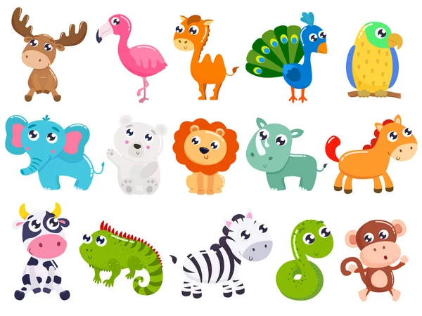 Big Set Cute Cartoon Animals Vector Illustration — Stock Vector