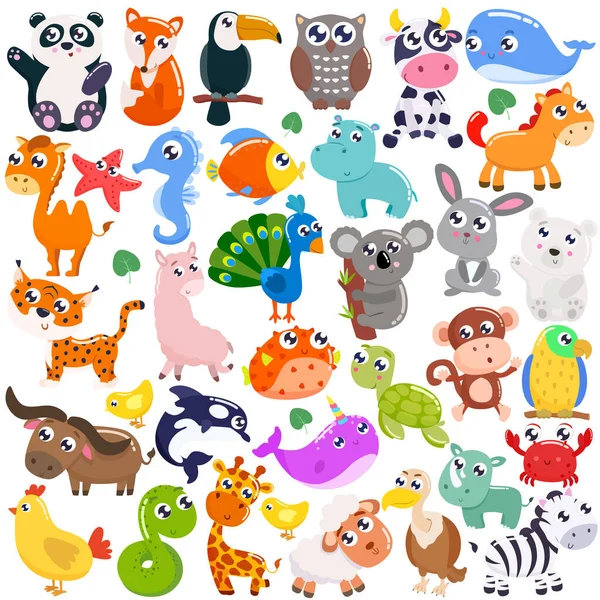 Gran Conjunto Animales Dibujos Animados Lindos Ilustración Vectorial — Archivo Imágenes Vectoriales