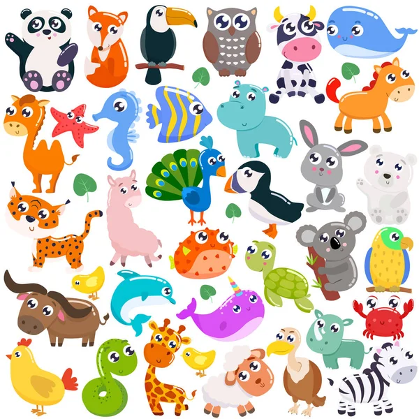 Gran Conjunto Animales Dibujos Animados Lindos Ilustración Vectorial — Archivo Imágenes Vectoriales