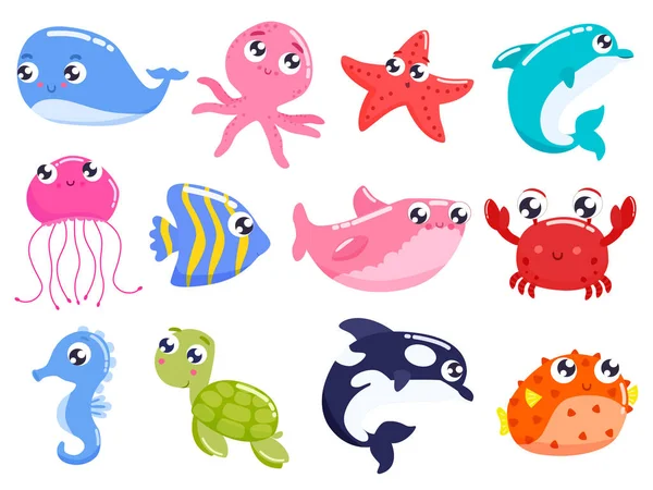 Set Van Cartoon Kleurrijke Schattige Zeedieren Vectorillustratie — Stockvector