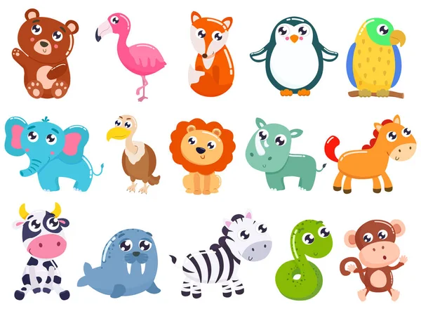 Grande Serie Simpatici Animali Dei Cartoni Animati Illustrazione Piatta Vettoriale — Vettoriale Stock