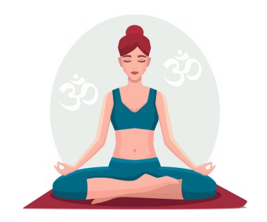Lotus pozisyonunda oturmuş meditasyon yapan bir kadın. Yoga kız vektör illüstrasyonu.