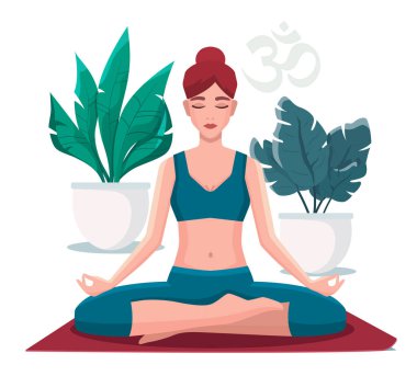 Lotus pozisyonunda oturmuş meditasyon yapan bir kadın. Yoga kız vektör illüstrasyonu.