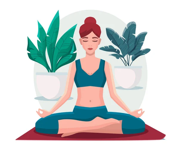 Mujer Sentada Posición Loto Practicando Meditación Yoga Chica Vector Ilustración — Archivo Imágenes Vectoriales