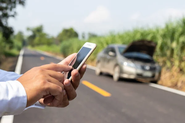 Businessman Calling Assistance His Car Broken Car Insurance Concept — Stock Photo, Image