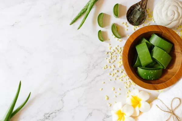 Vista Dall Alto Foglie Fresche Aloe Vera Ciotola Legno Concetto — Foto Stock