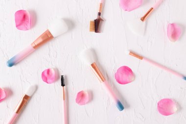 Beyaz arka planda gül yaprakları olan güzel makyaj fırçalarının üst görüntüsü.