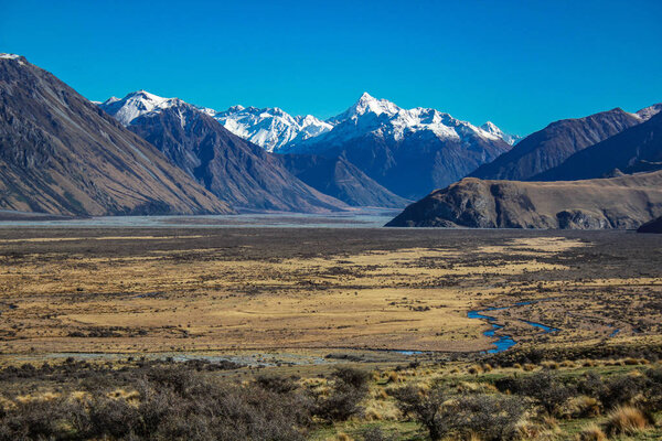 Mount Sunday landscape, scenic view of Mount Sunday and surroundings in Ashburton Lakes District, South Island, New Zealand
