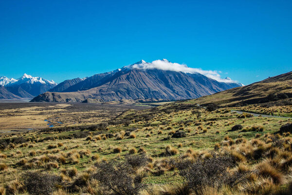 Mount Sunday landscape, scenic view of Mount Sunday and surroundings in Ashburton Lakes District, South Island, New Zealand