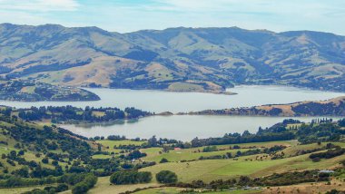 Tepenin bakış açısı yakınındaki Akaroa, Canterbury, South Island, Yeni Zelanda