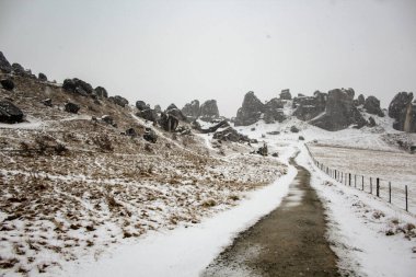 Castle Hill manzara South Island, Yeni Zelanda, karla kaplı