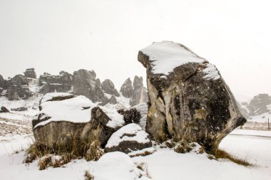 Castle Hill manzara South Island, Yeni Zelanda, karla kaplı