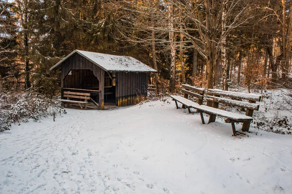 Dřevěná Chata Zimní Krajině Národního Parku Harz Německo — Stock fotografie