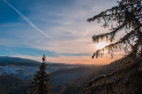 Matahari Terbenam Taman Nasional Pegunungan Harz Jerman — Stok Foto