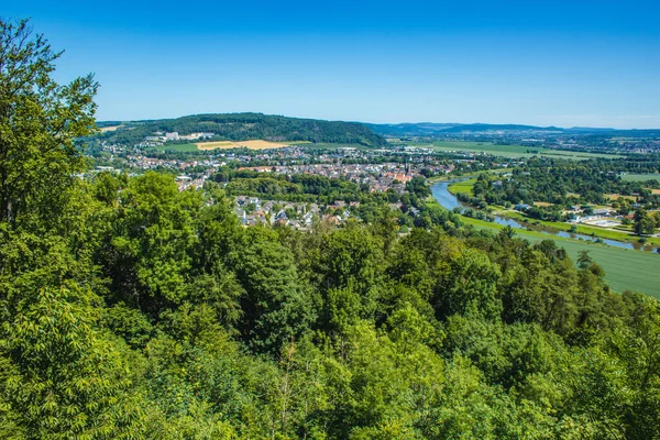 Weser Uplands / Weser Hills. View of Weser river and surroundings near the city of Hoexter in North Rhine Westphalia, Germany