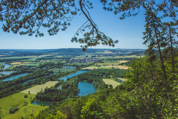 Weser Uplands / Weser Hills. View of Weser river and surroundings near the city of Hoexter in North Rhine Westphalia, Germany