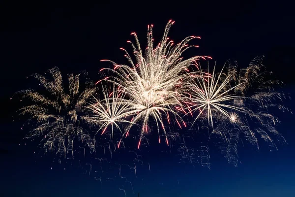 Beautiful Pyrotechnic Fireworks Show Night Sky Water Celebration Stock Picture