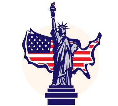 Amerika bayrağının arka planında Özgürlük Heykeli