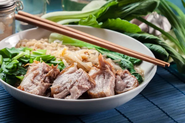 传统日本面条汤配猪肉 大葱和白白菜 — 图库照片