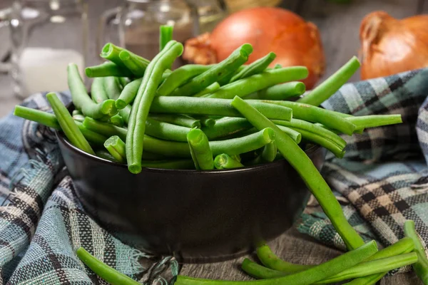 Raw Green Beans Black Dish Healthy Food — Stock Photo, Image