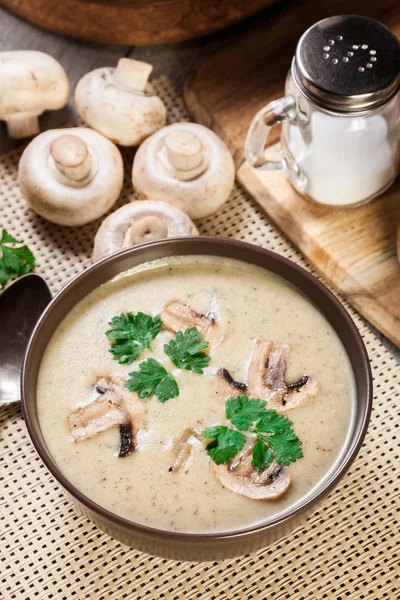 Mushroom Cream Soup Herbs Spices Brown Bowl — Stock Photo, Image