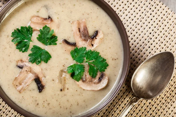 Mushroom cream soup with herbs and spices in brown bowl — Stock Image Mushroom Cream Soup Herbs Spices Brown Bowl Royalty Free Stock Photos