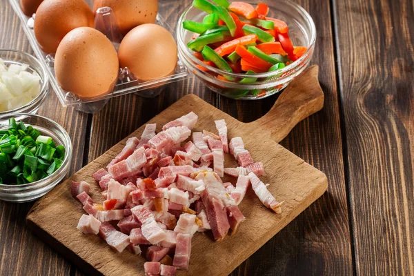 Ingrediënten Voor Het Bereiden Van Omelet Met Spek Groenten Ontbijt — Stockfoto