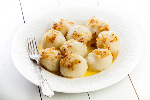 Potato Dumplings Stuffed Meat White Plate — Stock Photo, Image