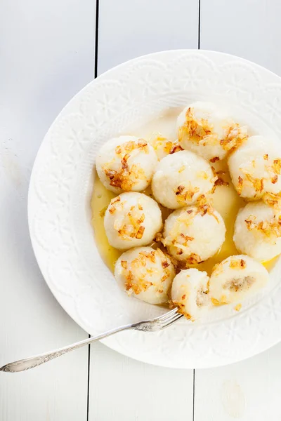 Potato Dumplings Stuffed Meat White Plate Top View — Stock Photo, Image