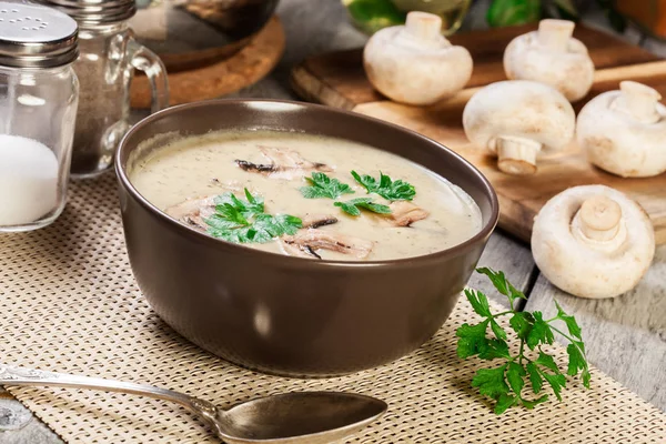 Mushroom cream soup with herbs and spices in brown bowl — Stock Image Mushroom Cream Soup Herbs Spices Brown Bowl Royalty Free Stock Images