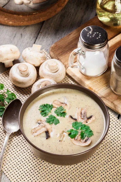 Mushroom cream soup with herbs and spices in brown bowl — Stock Image Mushroom Cream Soup Herbs Spices Brown Bowl Royalty Free Stock Images