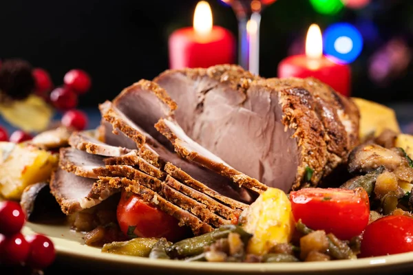 Juicy Roast Pork Holiday Table Shallow Depth Field — Stock Photo, Image