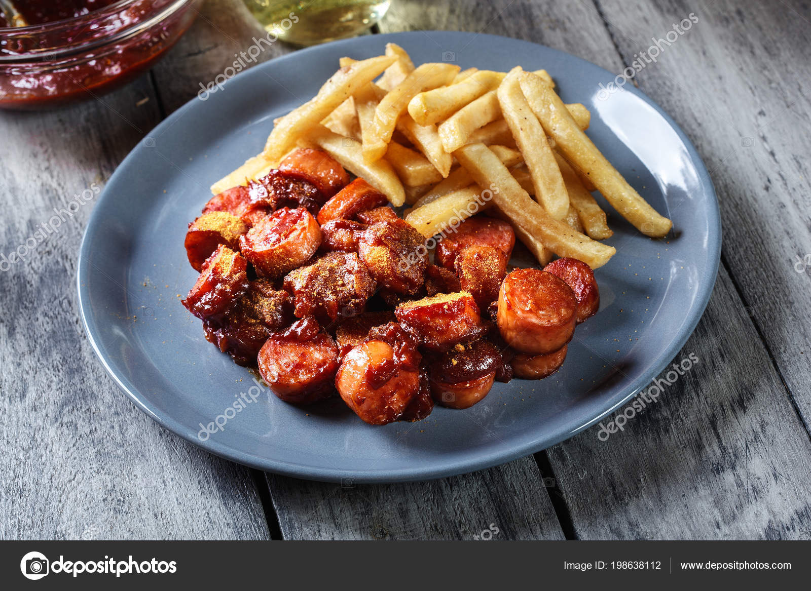 Traditional German Currywurst Pieces Sausage Curry Sauce French Fries