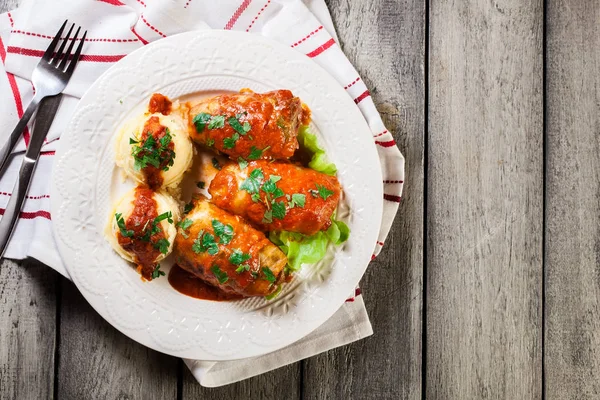 Stuffed Cabbage Meat Rice Served Boiled Potatoes Tomato Sauce White — Stock Photo, Image